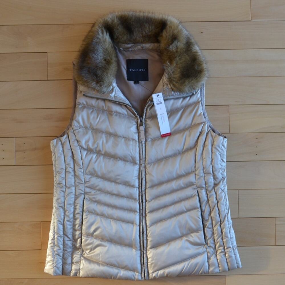 NWT Talbots Goose Down Puffer Vest Jacket Faux Fur Collar Size Large